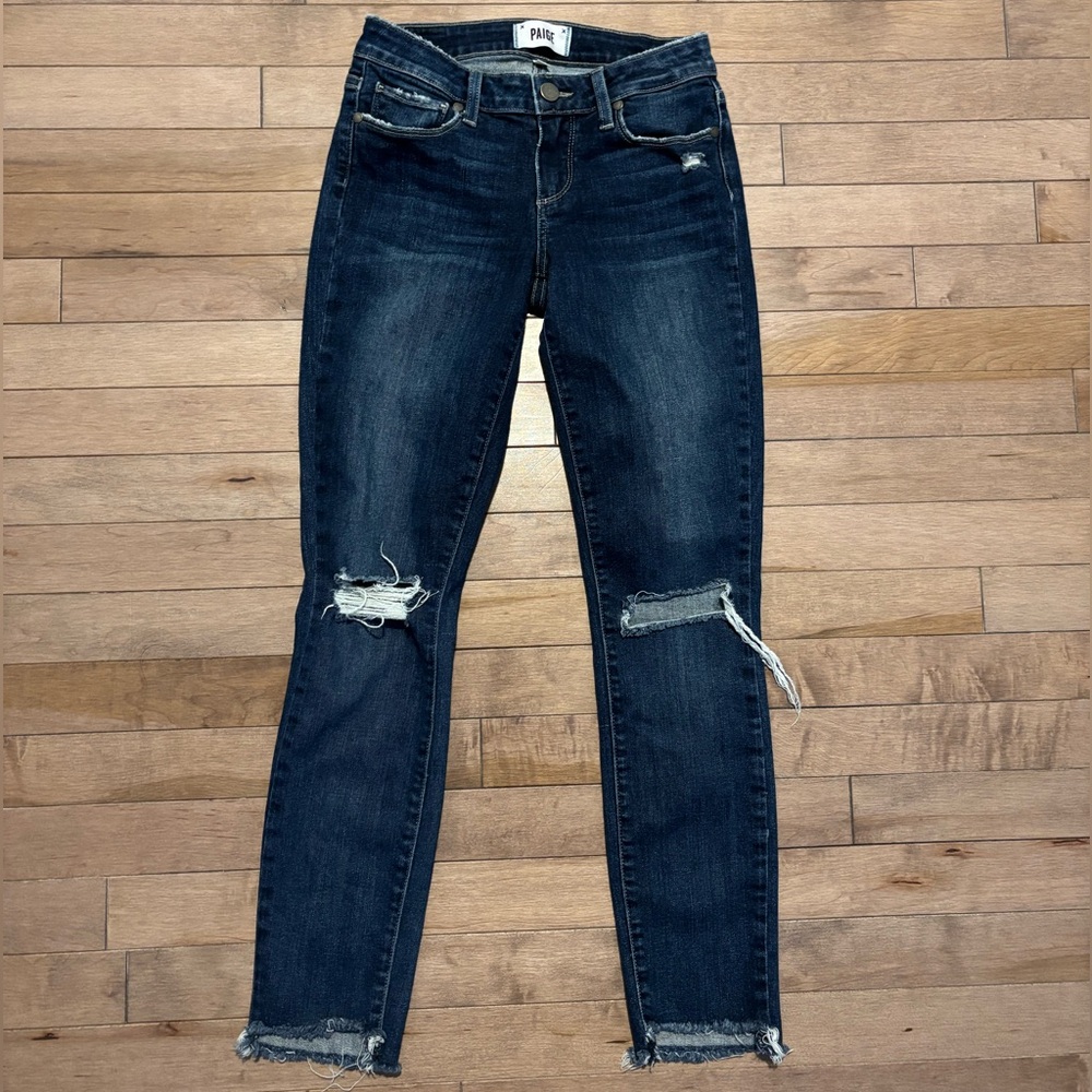 PAIGE Dedee Distressed Dark Blue Wash Verdugo Fringed Skinny Ankle Jeans size 24